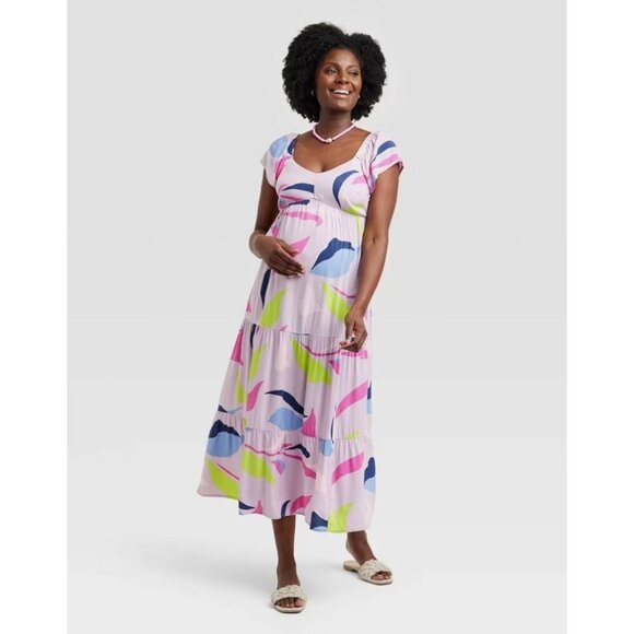 Isabel Ingrid & Isabel Maternity Midi Dress L Purple Flutter Short Sleeve Flowy - Picture 1 of 12